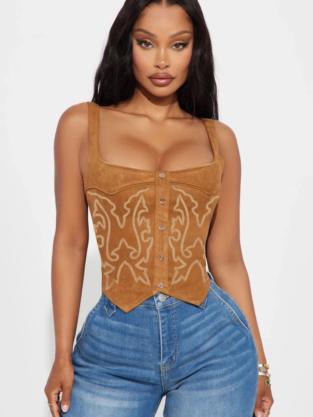 Fashion Nova Tan Embroidered Corset Cami